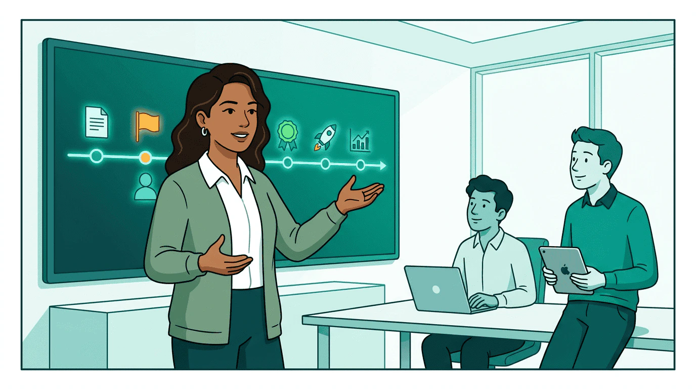 A horizontal timeline ribbon showing decision nodes — plan created, check flagged, human reviewed, approved, launched, delivered — with the governance robot presenting a detailed log book to a team of three humans