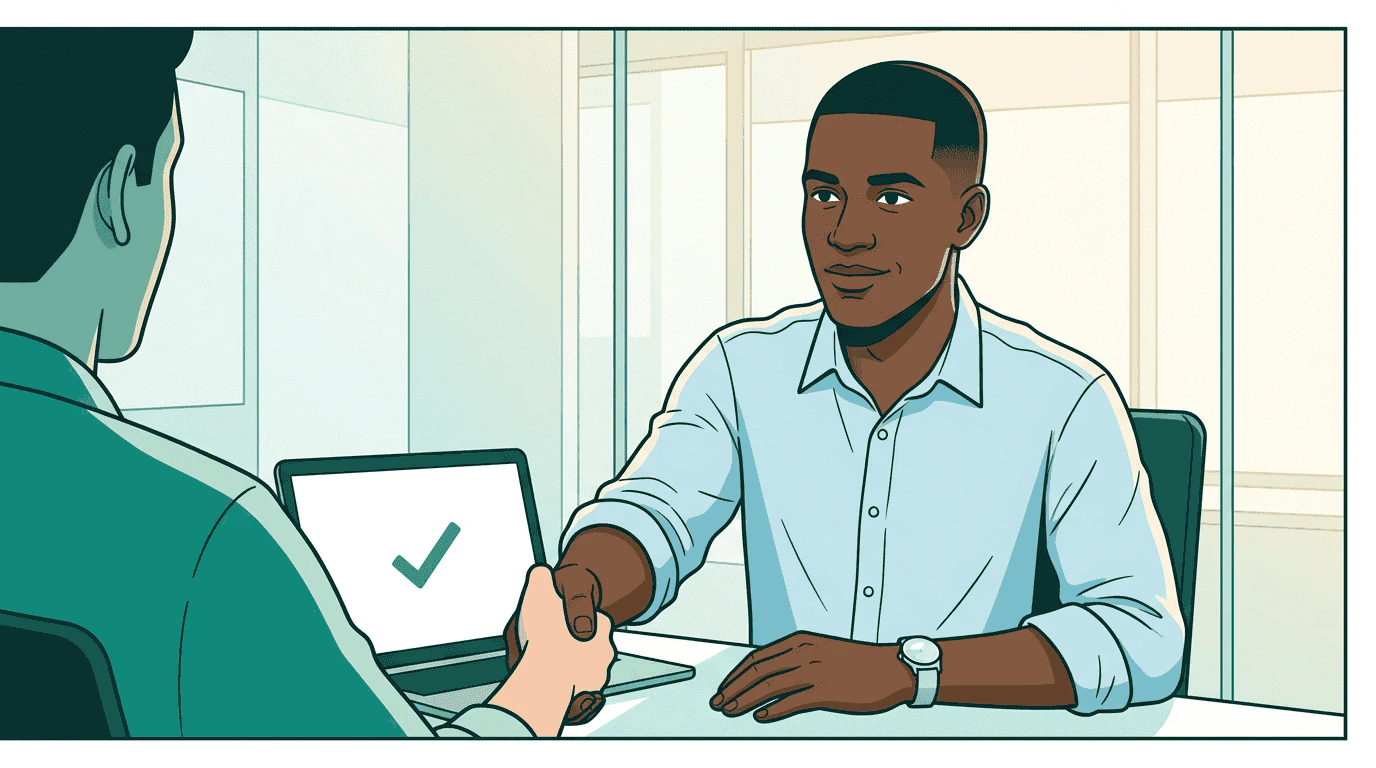 Sam shakes hands across a desk with a laptop showing a teal checkmark between them — setting up a new commercial relationship