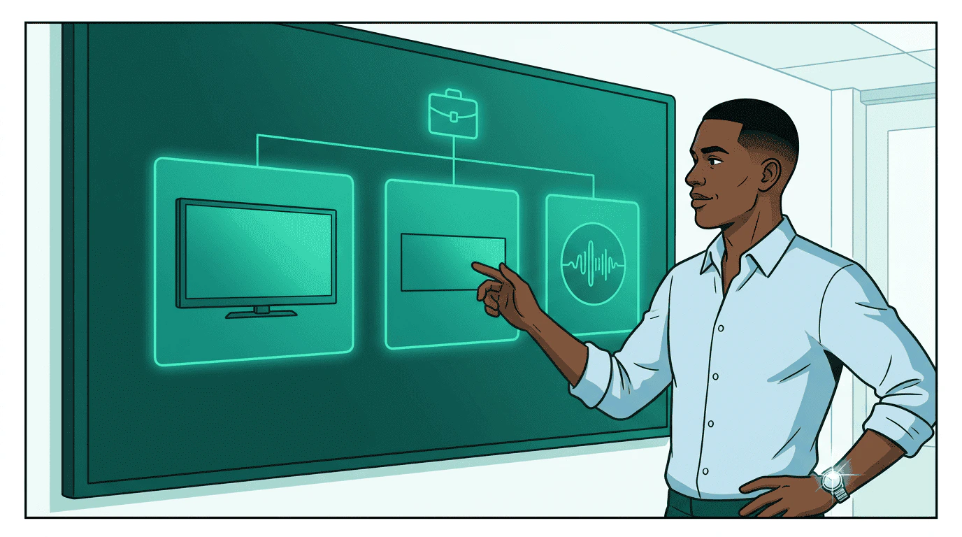 Sam gestures at three product cards on a wall screen — CTV, display, and audio inventory options all generated from one campaign brief