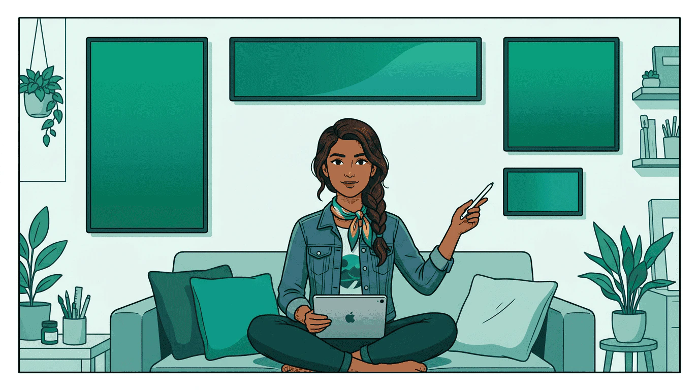 Maya sits in a creative studio with her iPad, surrounded by wall screens showing ad formats of different sizes all generated from one brief