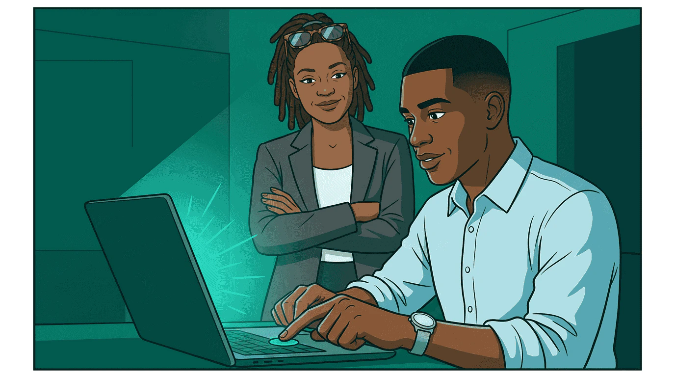 Sam presses a launch button on his laptop with a teal pulse radiating from the screen, Alex standing behind him arms crossed with a satisfied smile