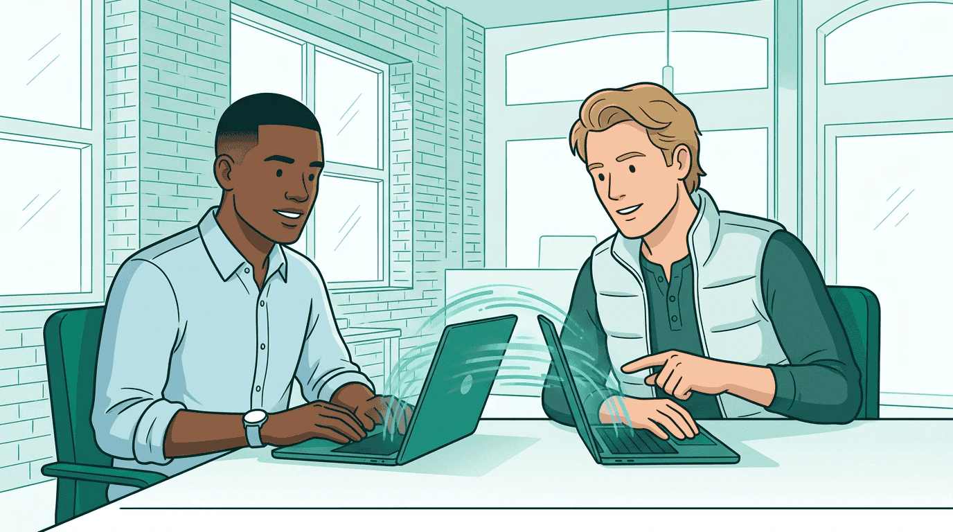 Sam and Kai sit side by side with laptops as translucent teal data streams arc between their screens — combining campaign and signal data