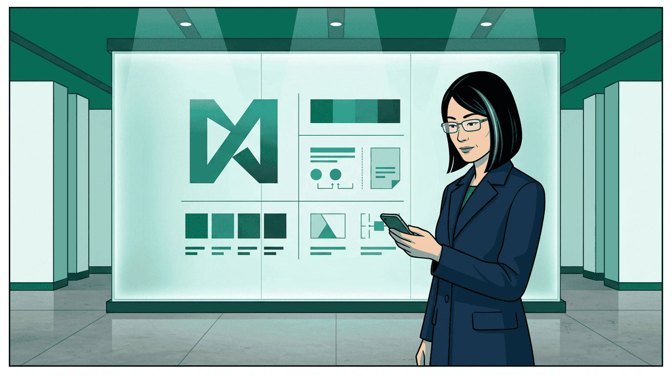 Tomoko stands in a corporate lobby before a frosted glass display of brand identity elements — composed and assured, she controls what goes out