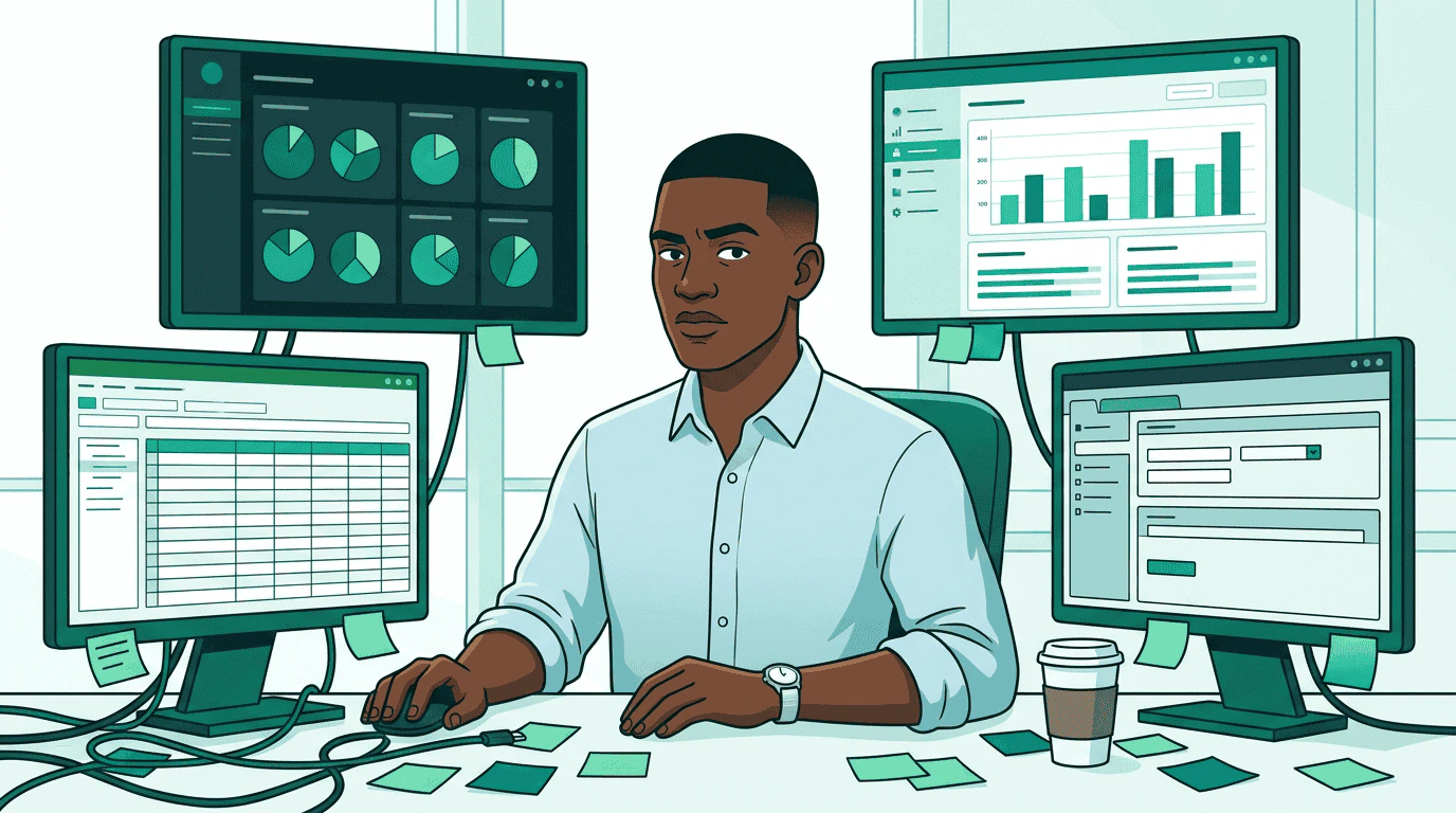 A media buyer sits at a desk surrounded by four different platform dashboards, each showing different data formats and interfaces