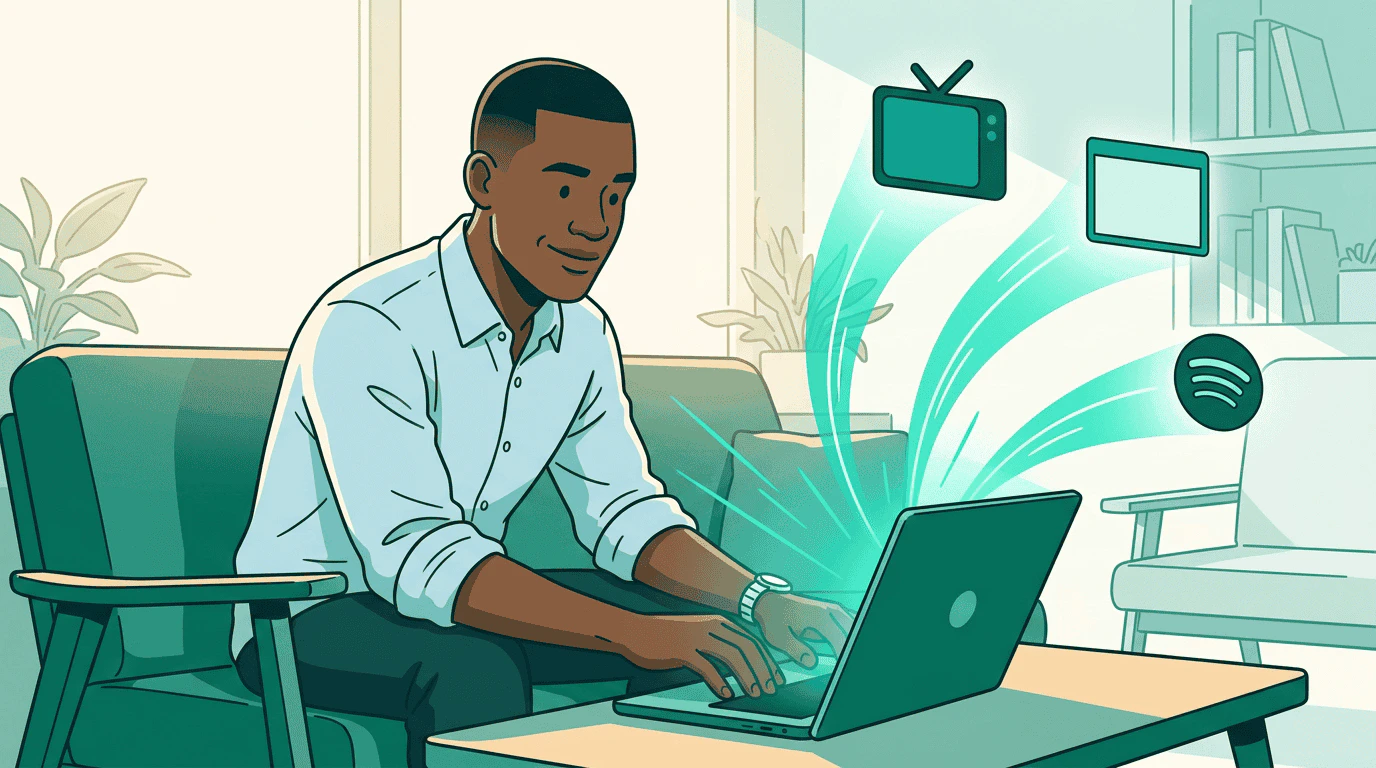 Sam's brief glows on screen and radiates outward as clean teal rays to three seller agent robots, each standing at their own podium examining the incoming request