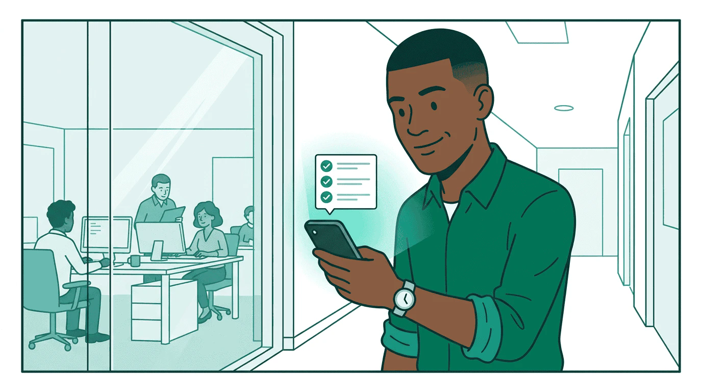 The campaign blueprint passes through a security checkpoint staffed by a governance robot who scans each branch, stamping three green checkmarks for budget, brand safety, and targeting compliance