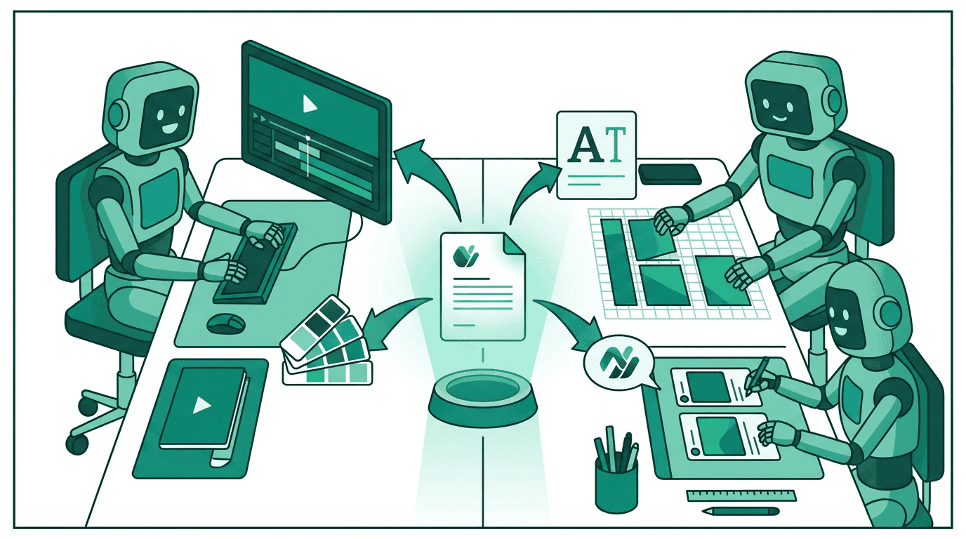 Three AI agents collaborate at a workbench, passing creative assets between them