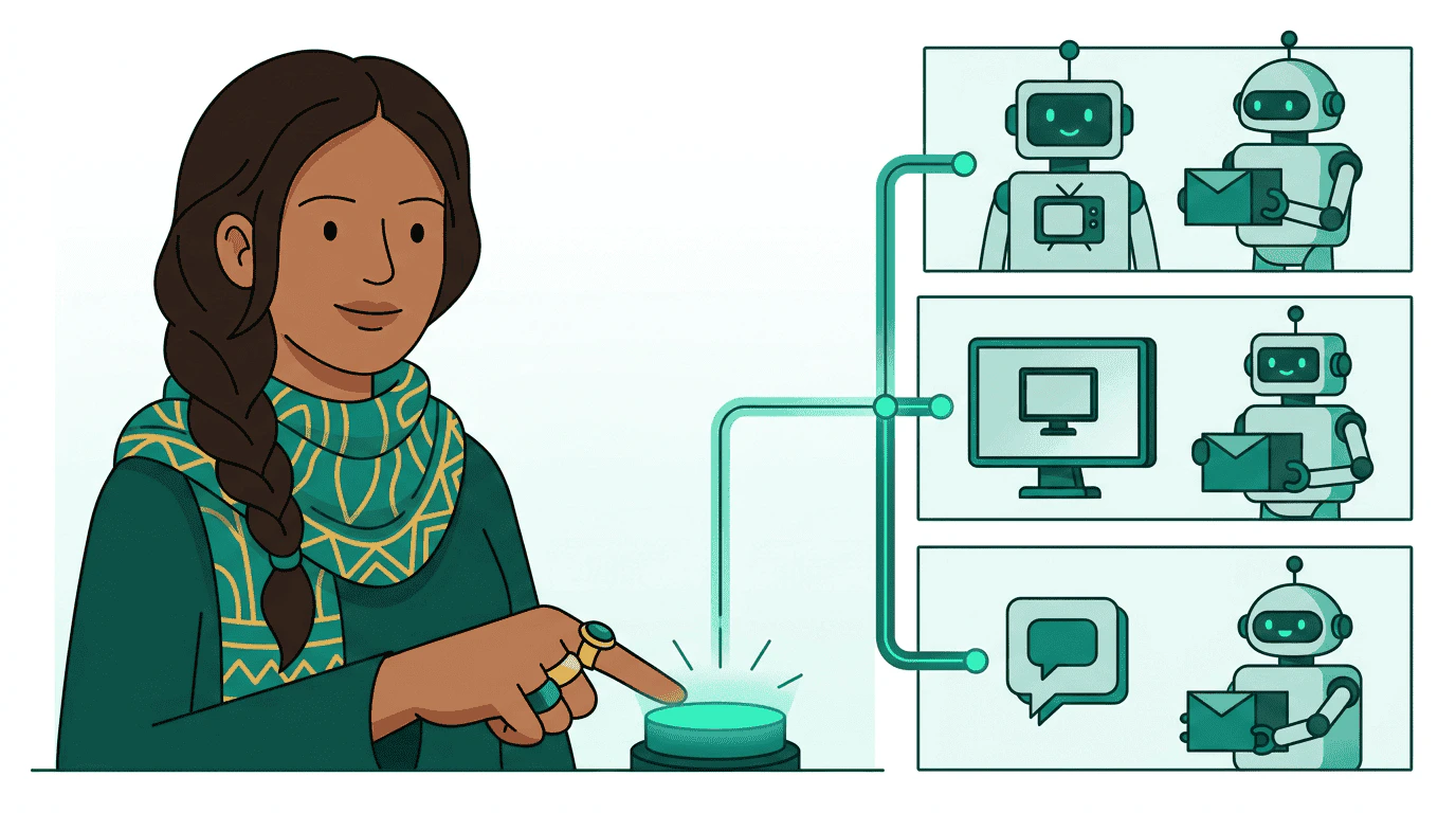 A strategist presses Launch while publisher connections light up in sequence