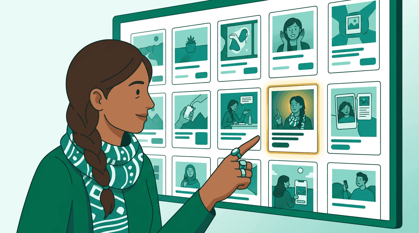 A strategist views a grid of ad variants with performance ratings, one highlighted as top performer