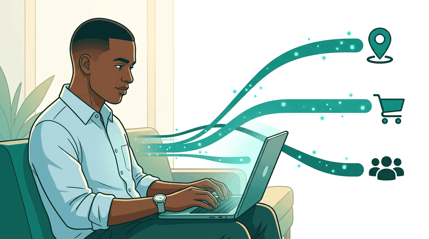 Sam types a search on his laptop as three data streams flow outward to location, retail, and audience data provider icons — one query, three sources