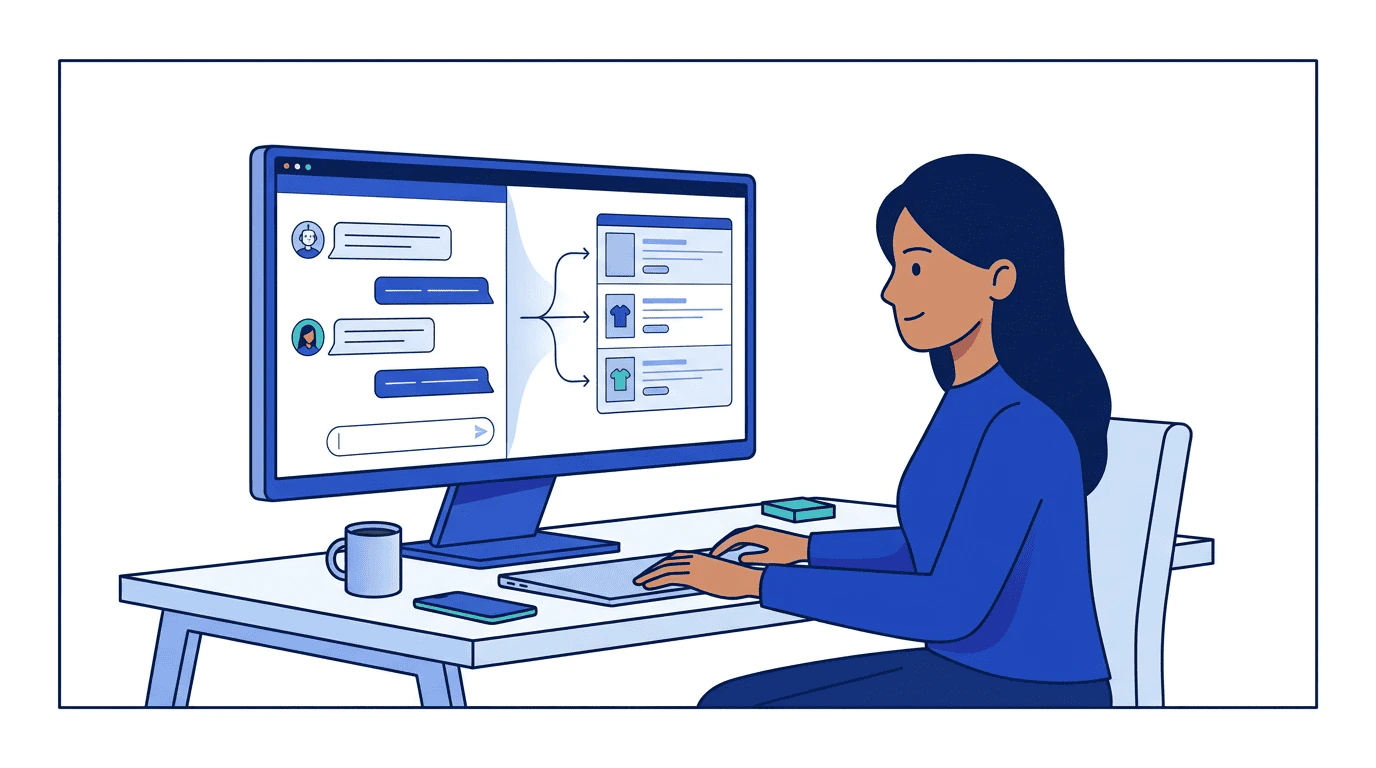 A growth marketer sits at a clean desk with a single screen showing an AI assistant conversation alongside product catalog data flowing into it