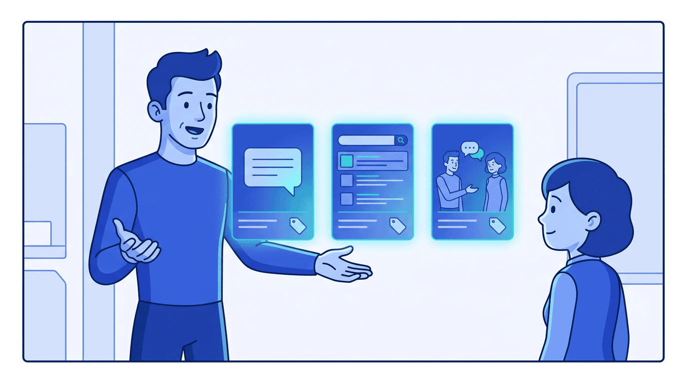 NovaMind presents a catalog of sponsored placement options to Priya's buyer agent: sponsored responses, AI search results, and a premium brand experience handoff — each displayed as glowing product cards