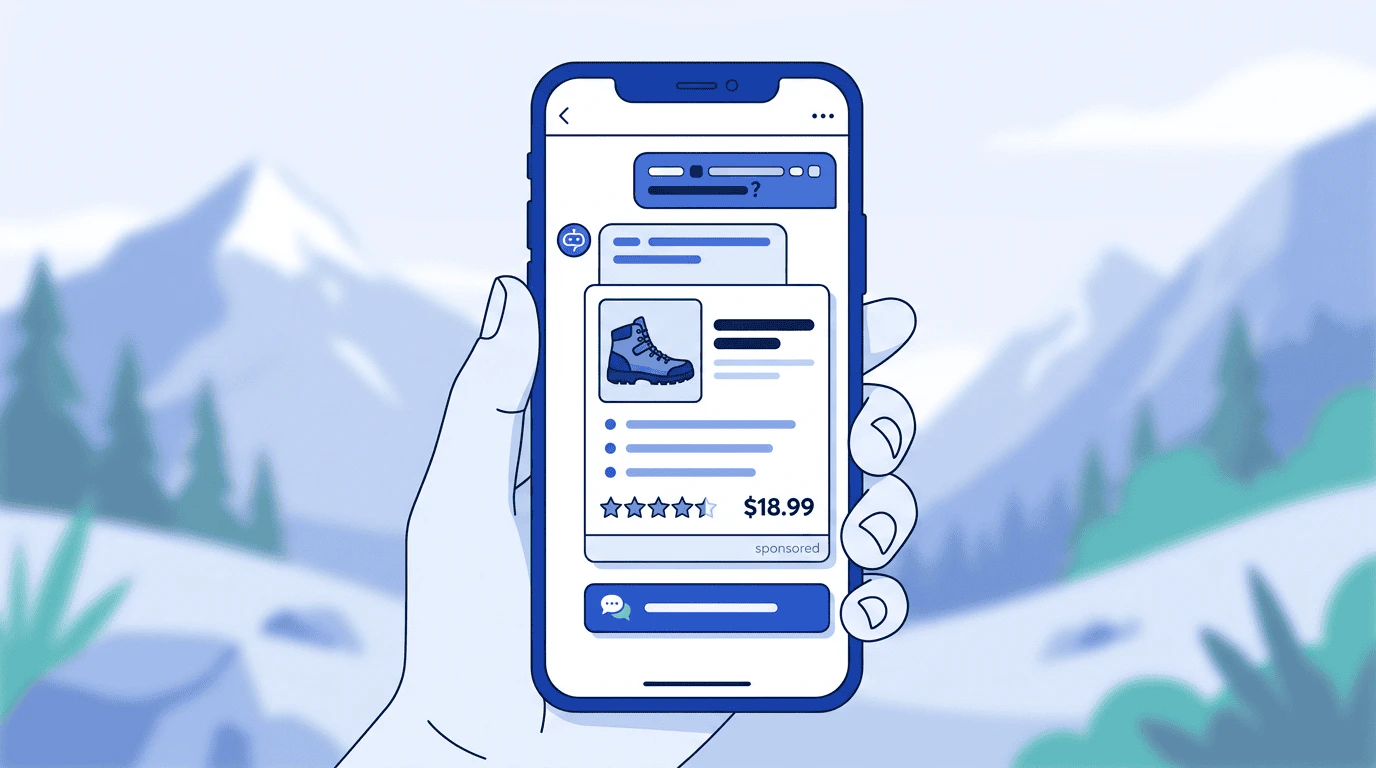 An AI assistant conversation on a phone screen — a user asks 'what hiking boots should I get for the Appalachian Trail?' and the AI responds with a contextually relevant Ridgeline Trail Pro recommendation, with product details and a 'talk to Ridgeline' handoff button glowing below
