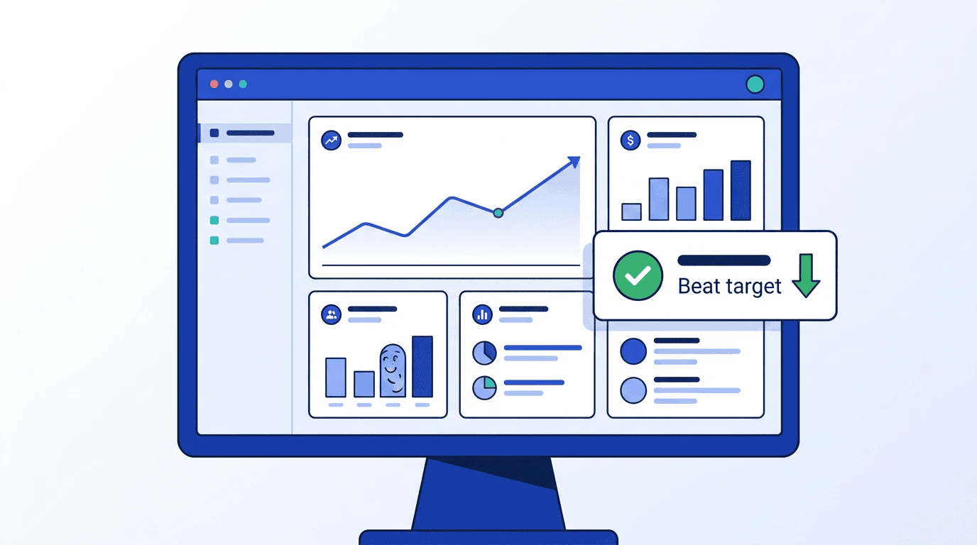 A clean dashboard showing SI campaign metrics — engagements, clicks, conversions, and cost per engagement — with a line chart trending upward and a callout showing 'CPA: $9.40, beating $12.00 target'