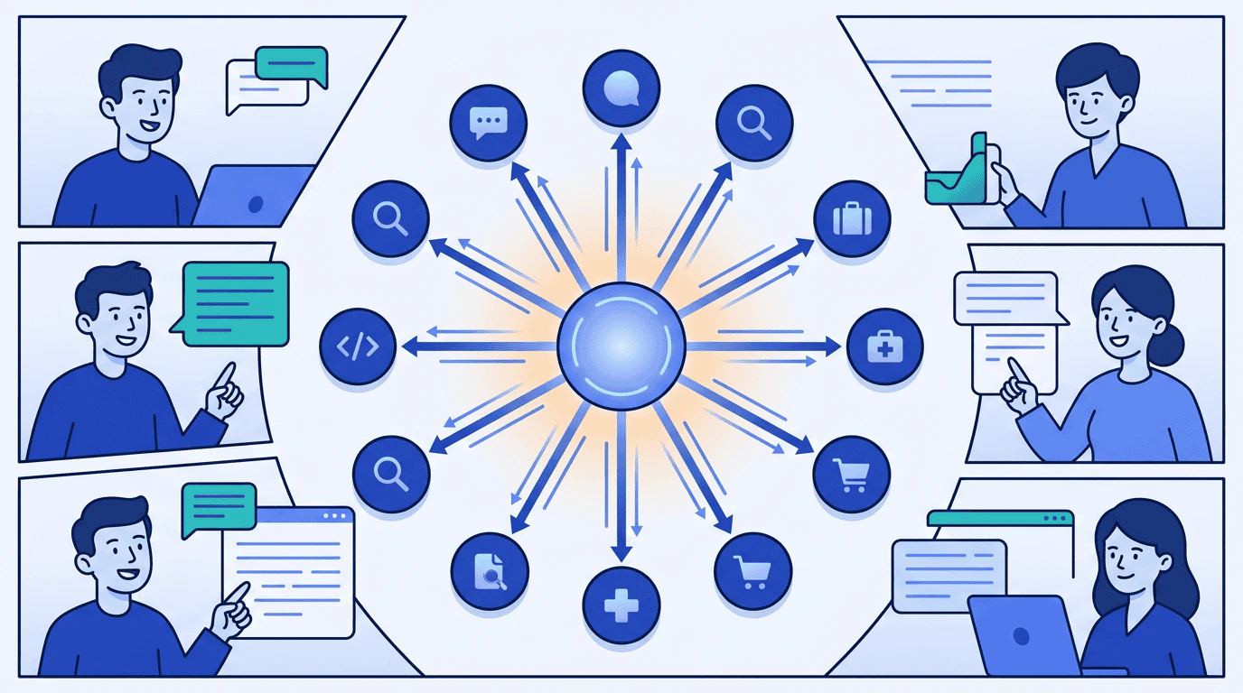 A hub-and-spoke diagram: Gravity sits at the center as a network node, with spokes radiating out to a dozen different AI platforms — chat assistants, search copilots, coding tools, travel planners — each shown as a small robot at its own surface