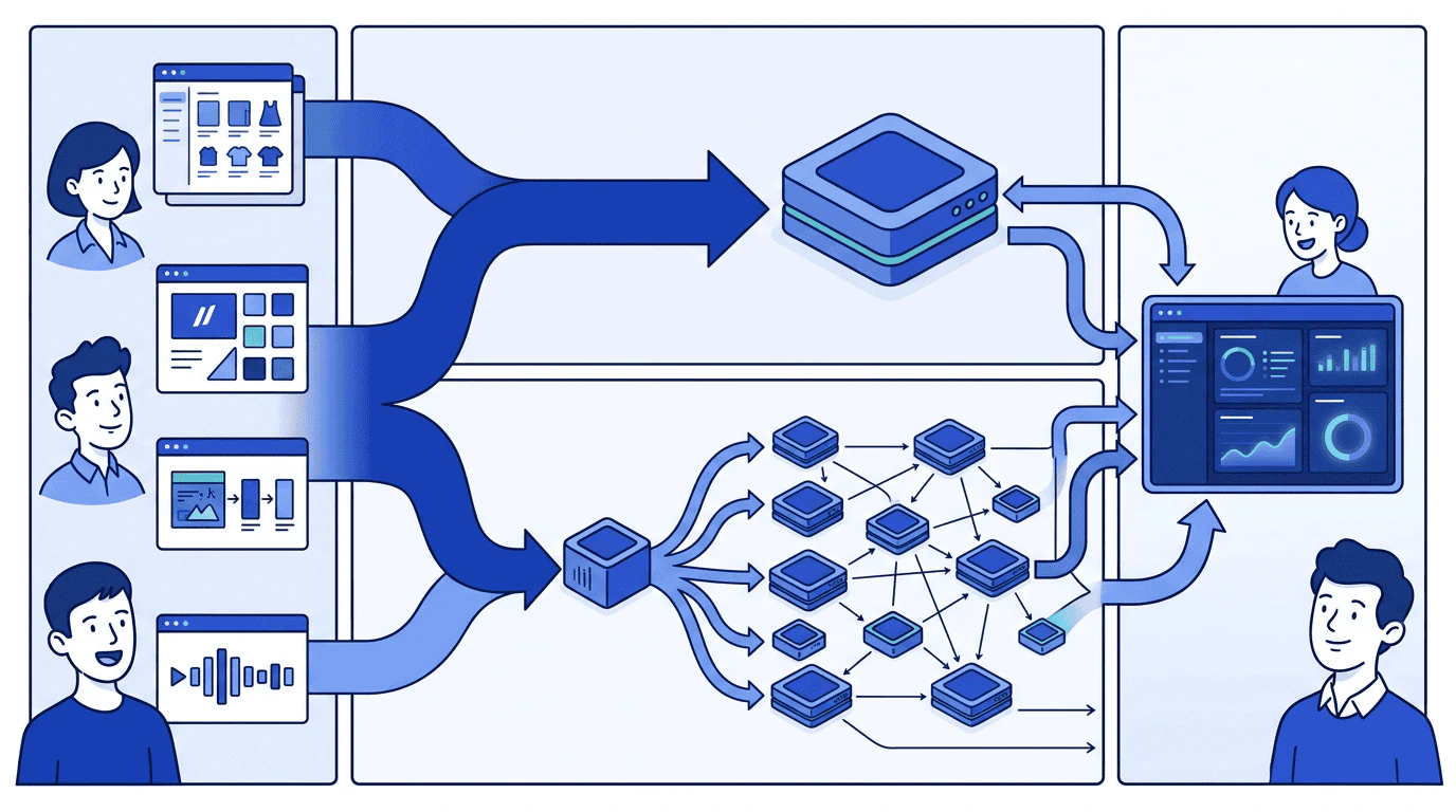 A horizontal flow diagram showing Ridgeline's data flowing into both NovaMind (direct) and Gravity (network), which fans out to many AI platforms — all reporting back through the same unified delivery format to Priya's single dashboard