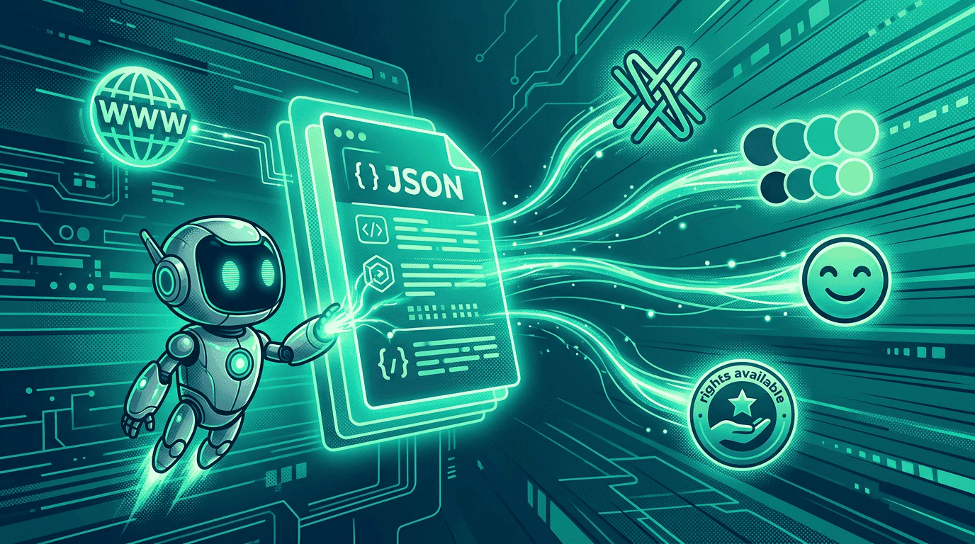 A buyer agent robot following a glowing trail from a restaurant website to a brand.json file floating in the air, revealing identity data like colors, logos, and tone