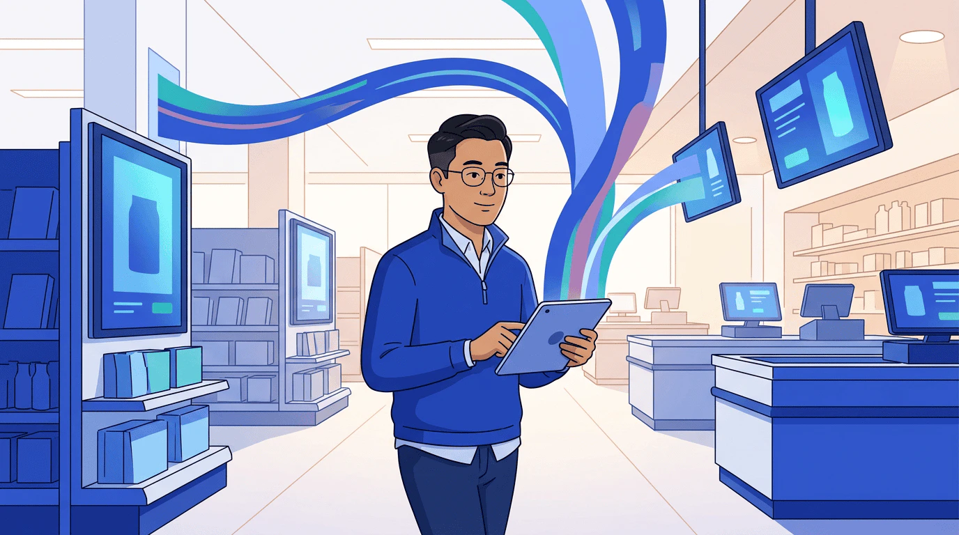 Daniel walks a retail floor as data streams flow from his tablet to glowing digital screens on end-caps and checkout lanes — the store as a data asset