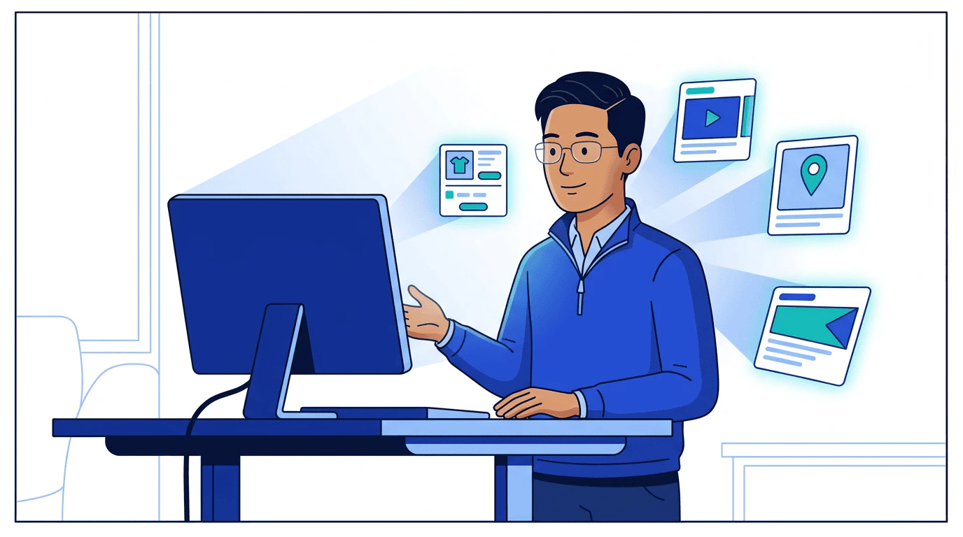 Daniel at his desk as five retail media product cards radiate outward from his monitor — sponsored products, display, video, in-store, and premium placements being published