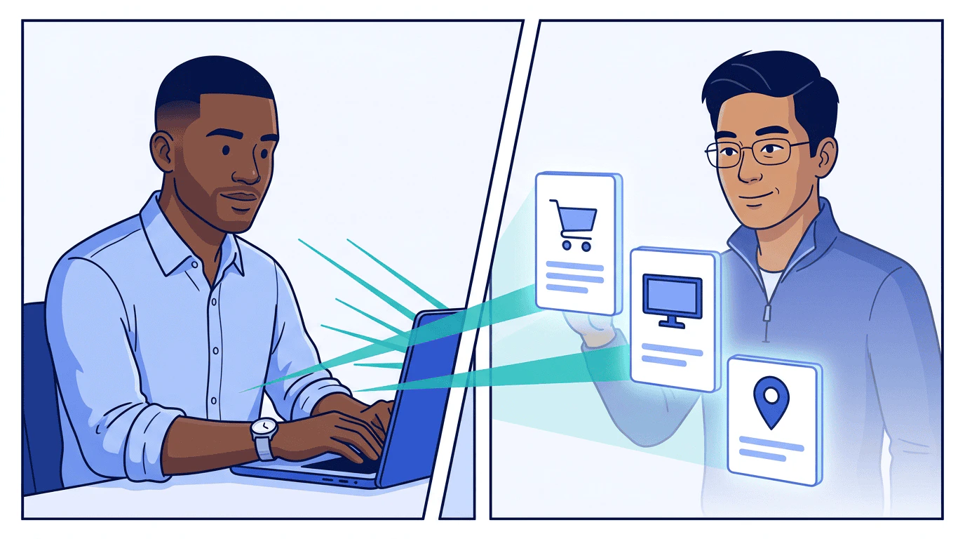 Split scene — Sam runs a brief from his agency desk as search beams connect to Daniel's retail media products floating on the right, discovery in action