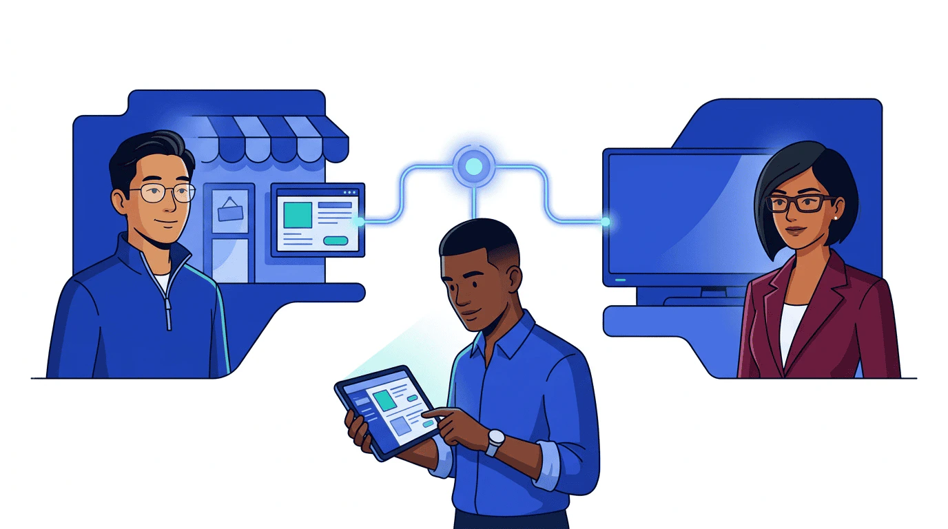 Daniel by a retail storefront and Priya by a streaming TV shape flank Sam in the center — different sell-side verticals connecting to one buyer through the same protocol
