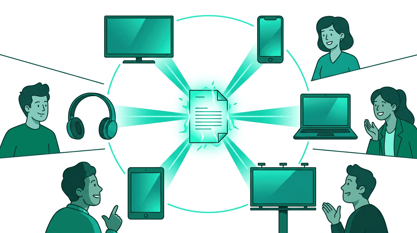 A creative brief radiates outward to TV, phone, laptop, and billboard screens