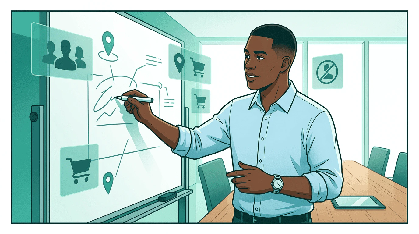 Sam stands at a whiteboard sketching a targeting plan, surrounded by floating holographic data icons — audiences, locations, purchase behavior