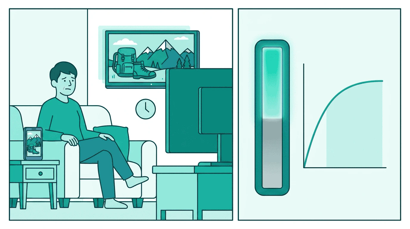 A viewer sees the same outdoor gear ad on their TV and phone within minutes — a budget meter drains with diminishing returns