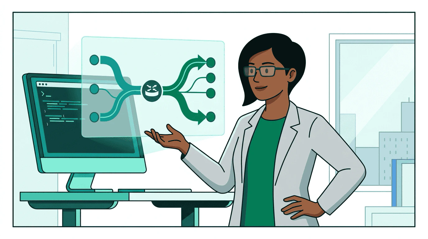 Priya at a terminal, deploying a TMP Router — a diagram materializes showing context and identity paths splitting into separate channels