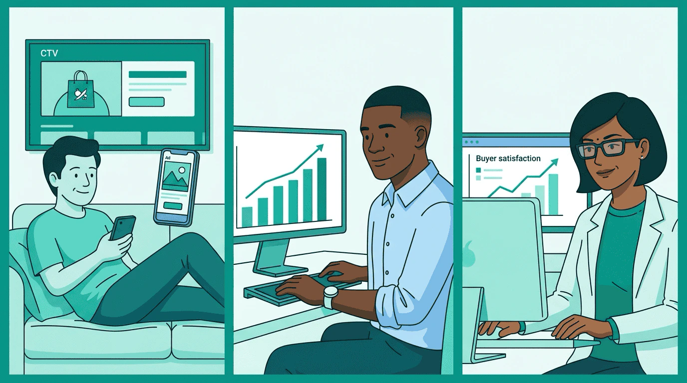 Three panels: a viewer relaxing with varied ads across devices, Sam's dashboard showing increased unique reach, Priya seeing rising buyer satisfaction metrics