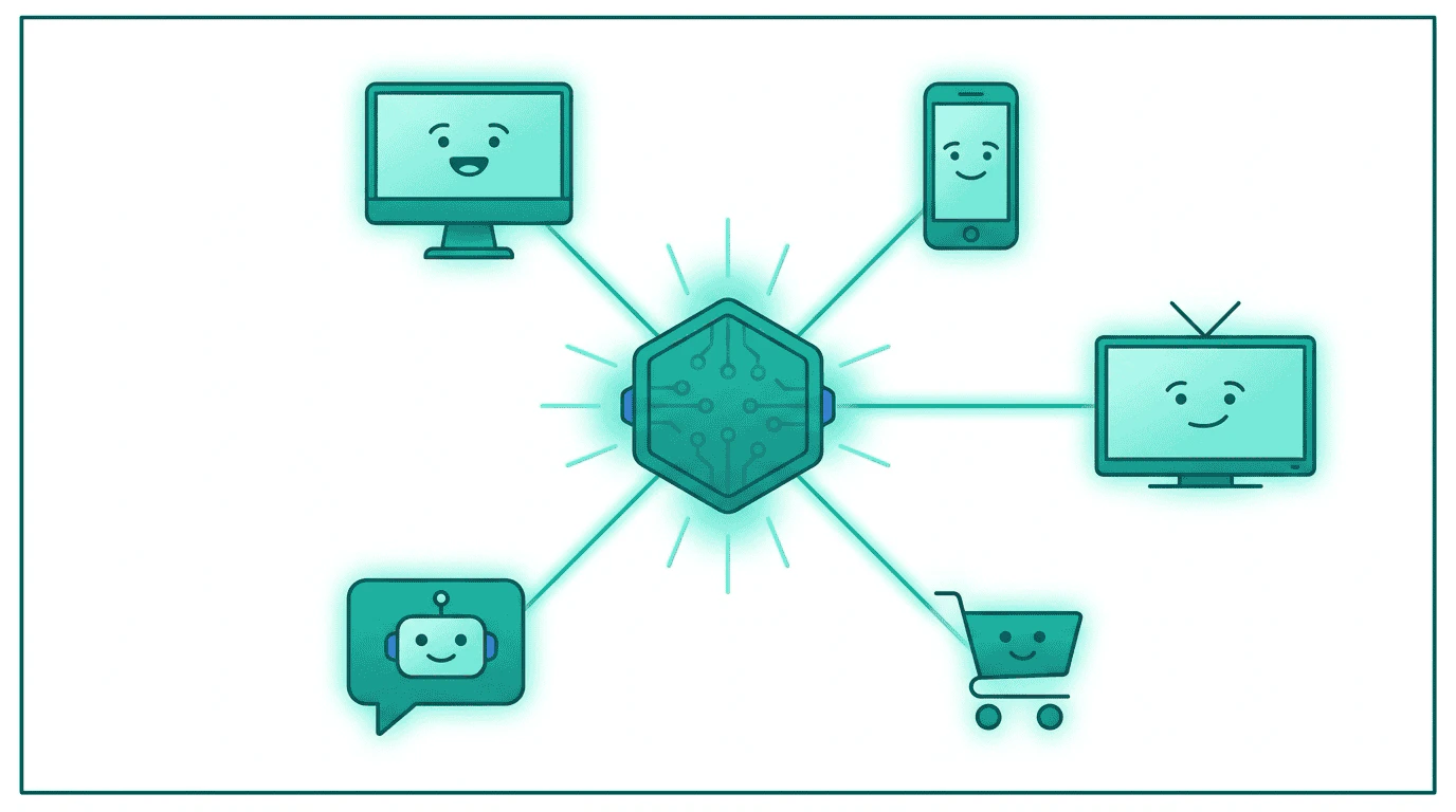 Five surface icons — web, mobile, CTV, retail media, AI assistant — connected to a single TMP Router hub, all in teal