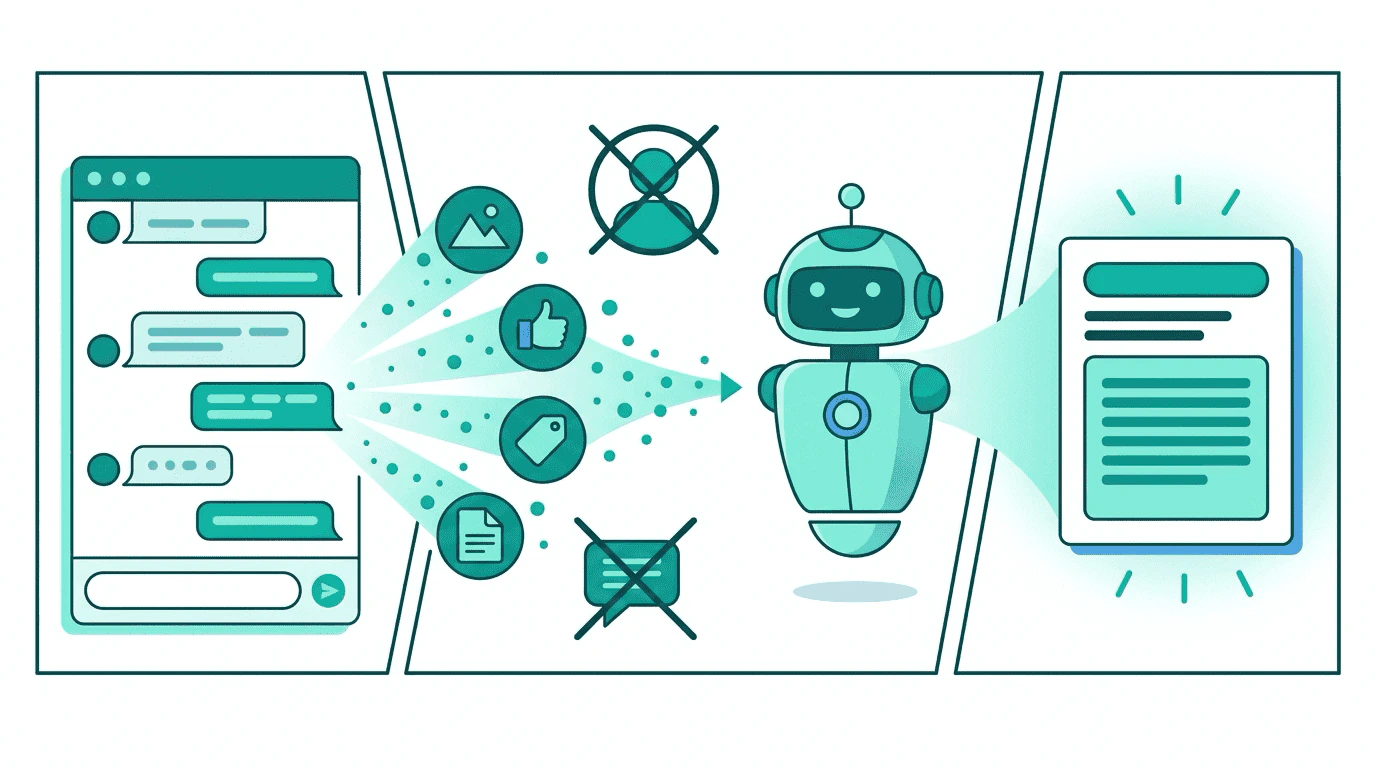 A chat conversation about trail shoes sends classified context signals — topics, sentiment, keywords — to buyer agents, with a crossed-out person icon showing no user identity