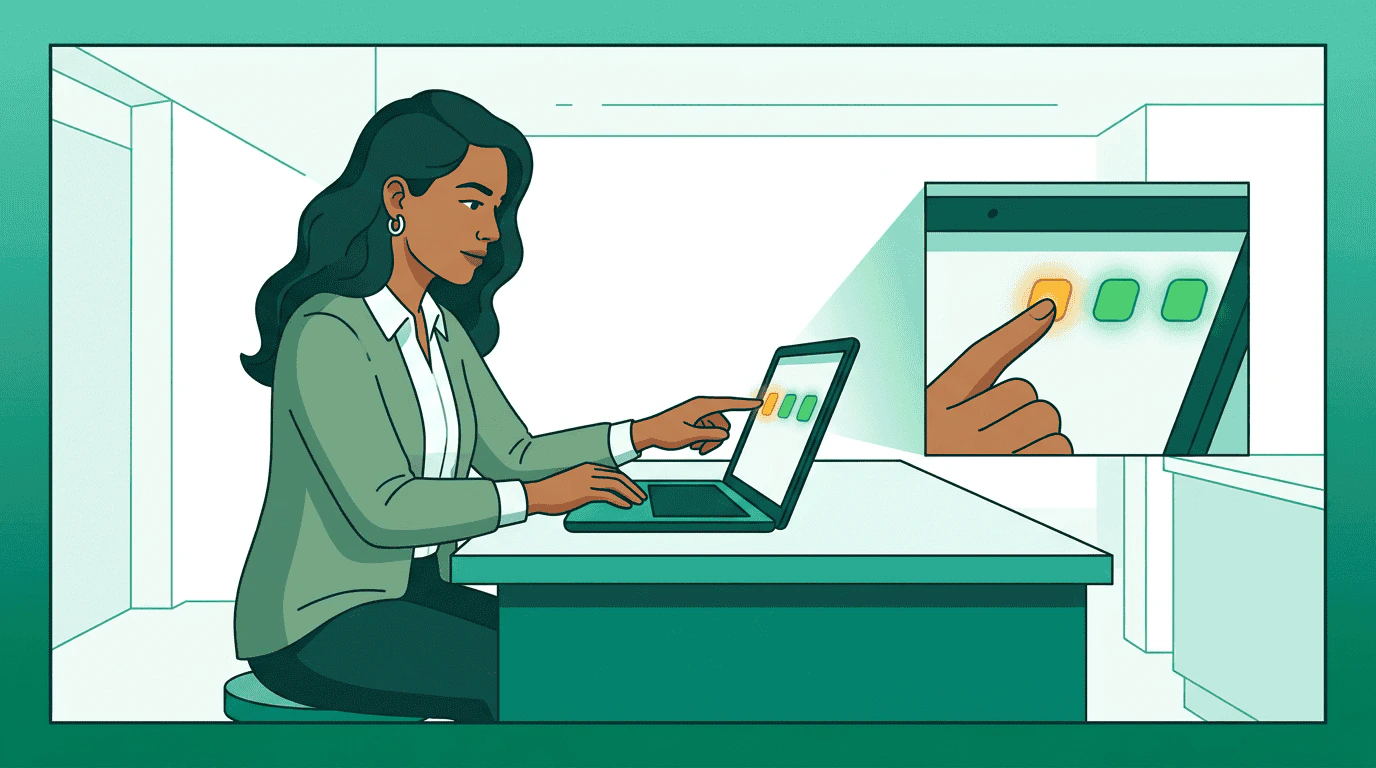 The governance robot reviews three inspection panels side by side โ budget (showing a bar chart nearly at limit), brand safety (green checkmark), and compliance (green checkmark) โ the budget panel glows amber as a warning
