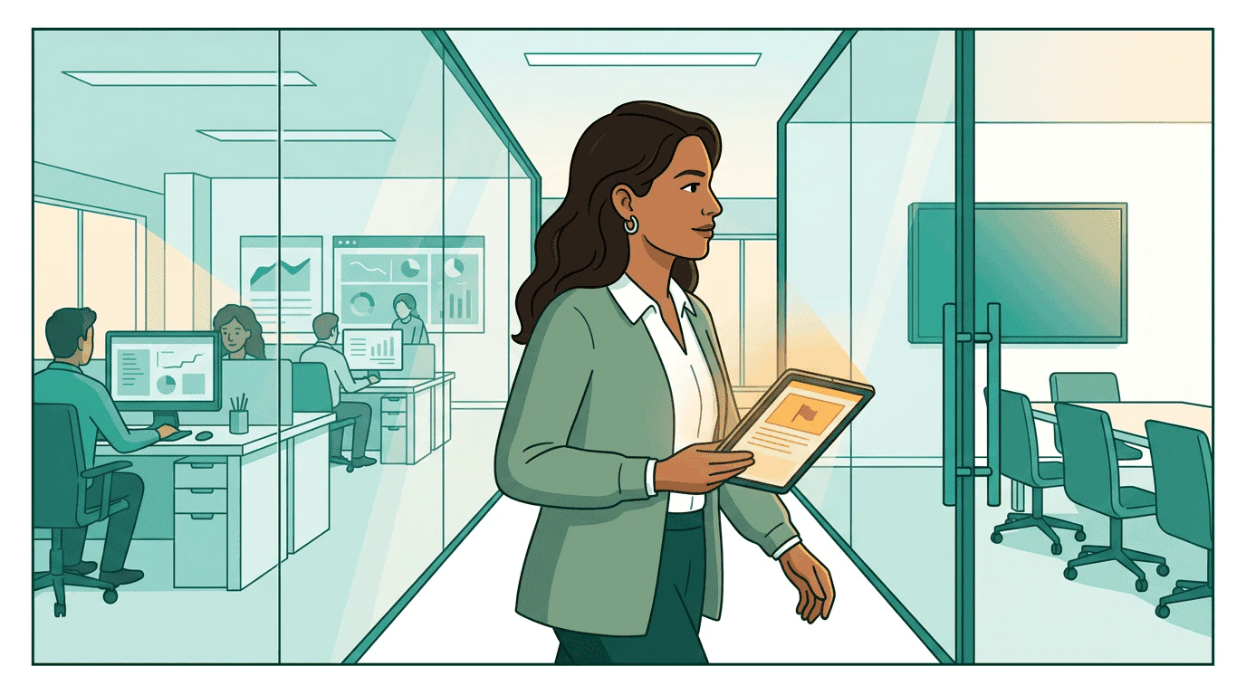 The governance robot raises an amber flag and routes the campaign plan along a glowing path to a human reviewer โ a woman with dark hair sitting at a glass desk, who examines the flagged document thoughtfully