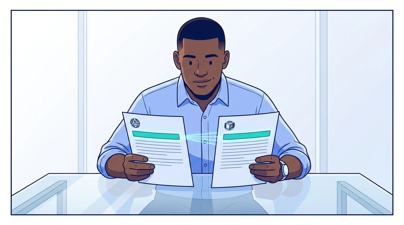 Sam holds two documents side by side — Northwind's brand.json on the left listing StreamHaus, and StreamHaus's adagents.json on the right listing Northwind — and the matching delegation_type field on both glows green as the chain locks in