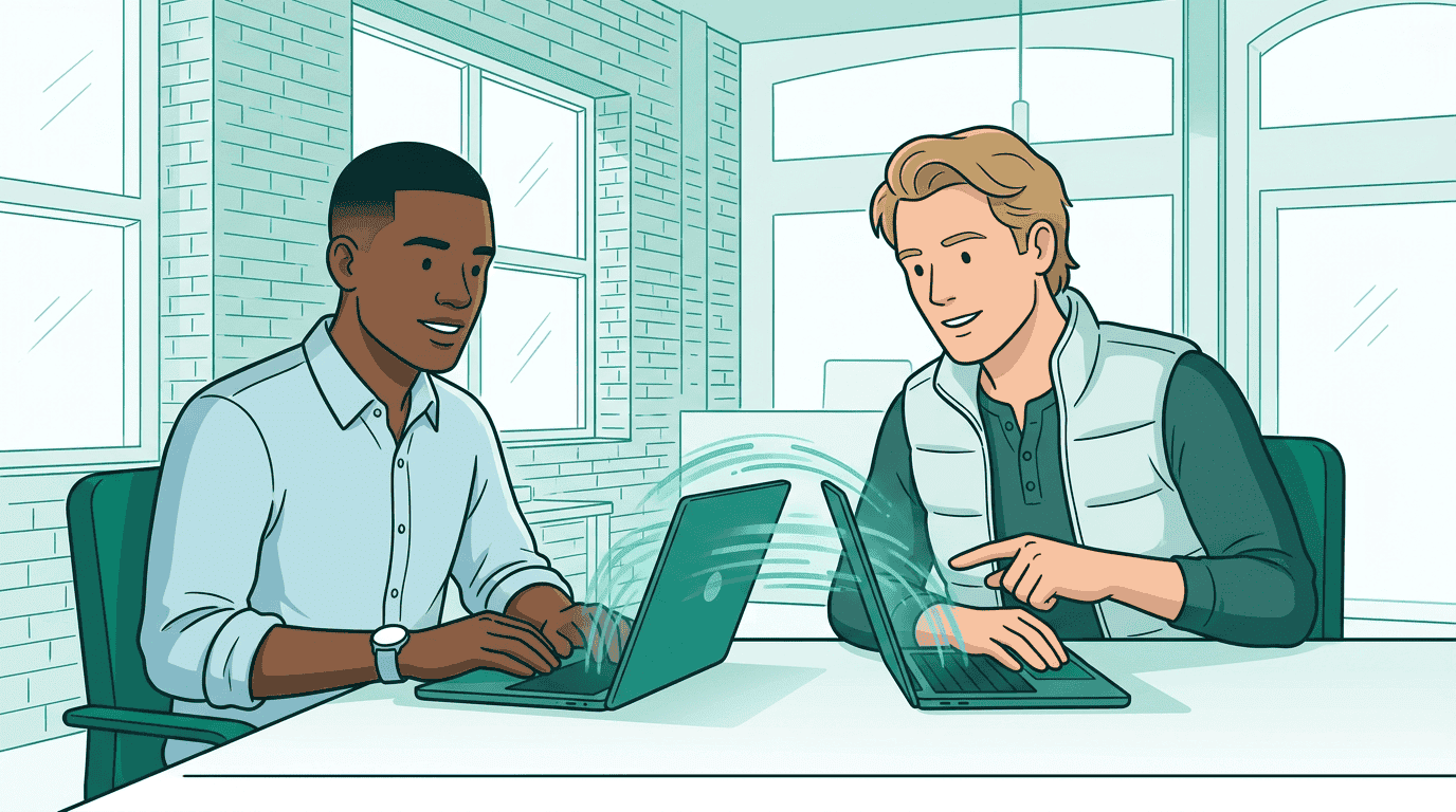 Sam and Kai sit side by side with laptops as translucent teal data streams arc between their screens — combining campaign and signal data