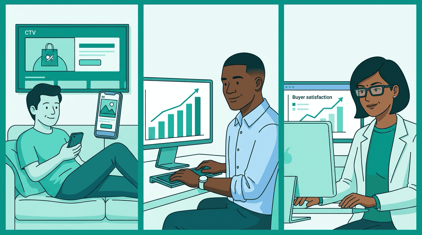 Three panels: a viewer relaxing with varied ads across devices, Sam's dashboard showing increased unique reach, Priya seeing rising buyer satisfaction metrics