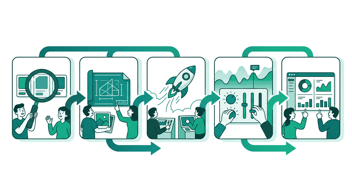 A horizontal pipeline showing the five stages of a media buy: Discovery (magnifying glass), Planning (blueprint), Execution (rocket launch), Optimization (adjusting dials), and Reporting (clean dashboard)