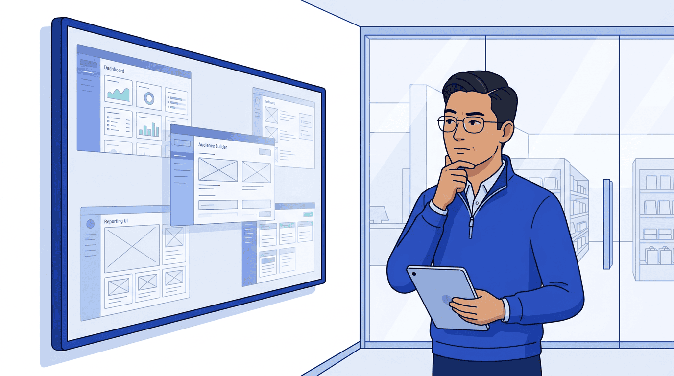 Daniel reviews a cluttered platform roadmap on a wall screen — dashboard mockups, audience builders, and reporting UIs pile up while he looks skeptical