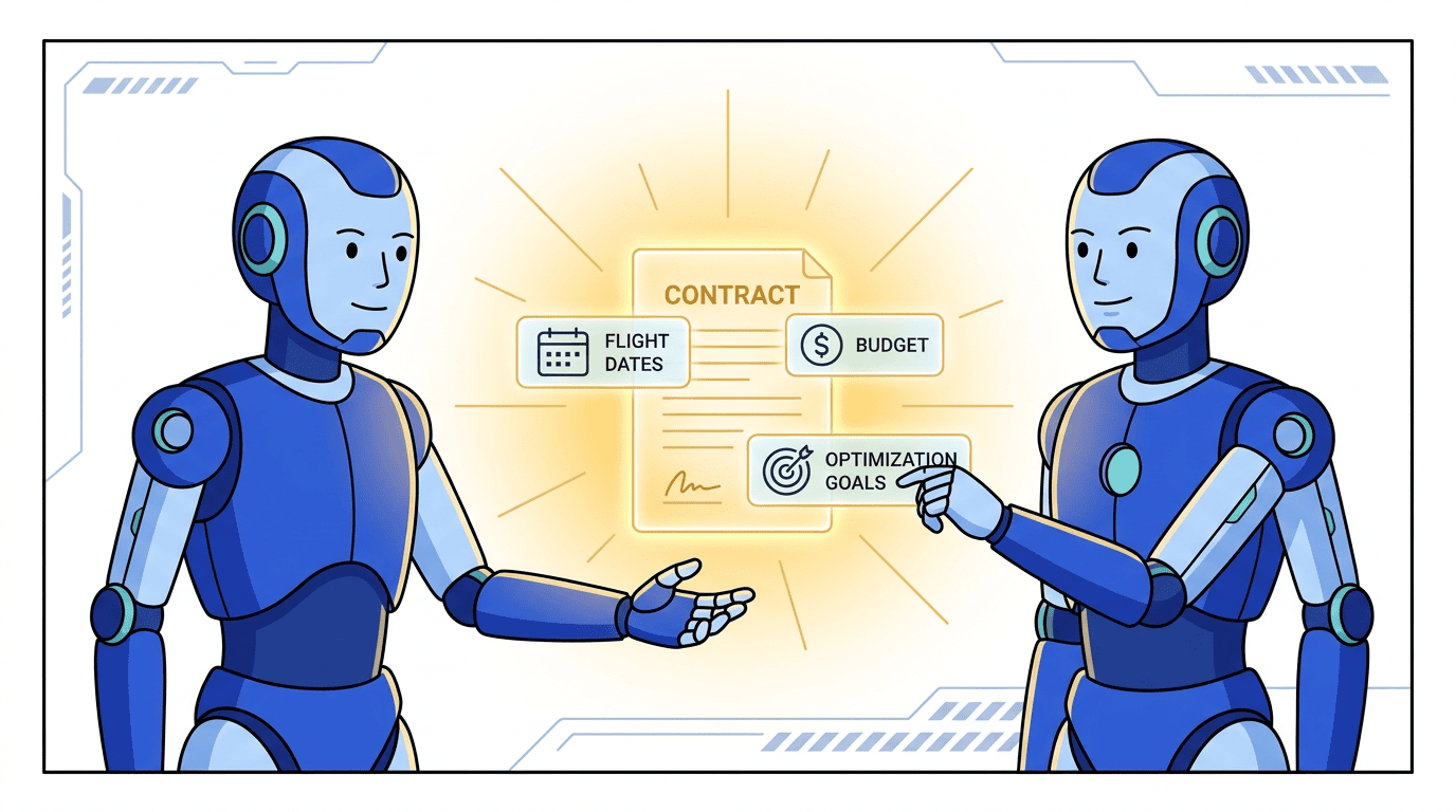 Priya's buyer agent sends a create_media_buy request to NovaMind — a glowing contract document materializes between the two agents, with budget amounts, flight dates, and optimization goals visible as floating labels