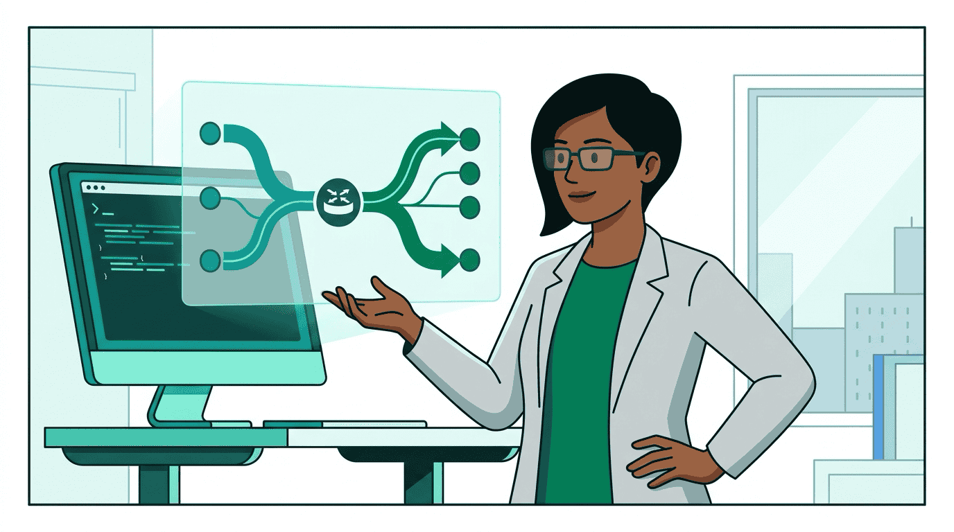 Priya at a terminal, deploying a TMP Router — a diagram materializes showing context and identity paths splitting into separate channels