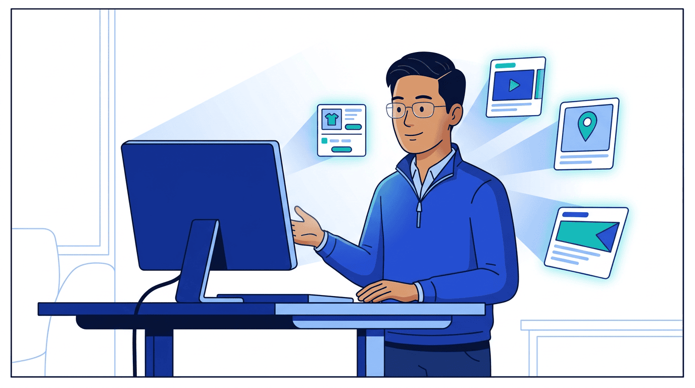 Daniel at his desk as five retail media product cards radiate outward from his monitor — sponsored products, display, video, in-store, and premium placements being published