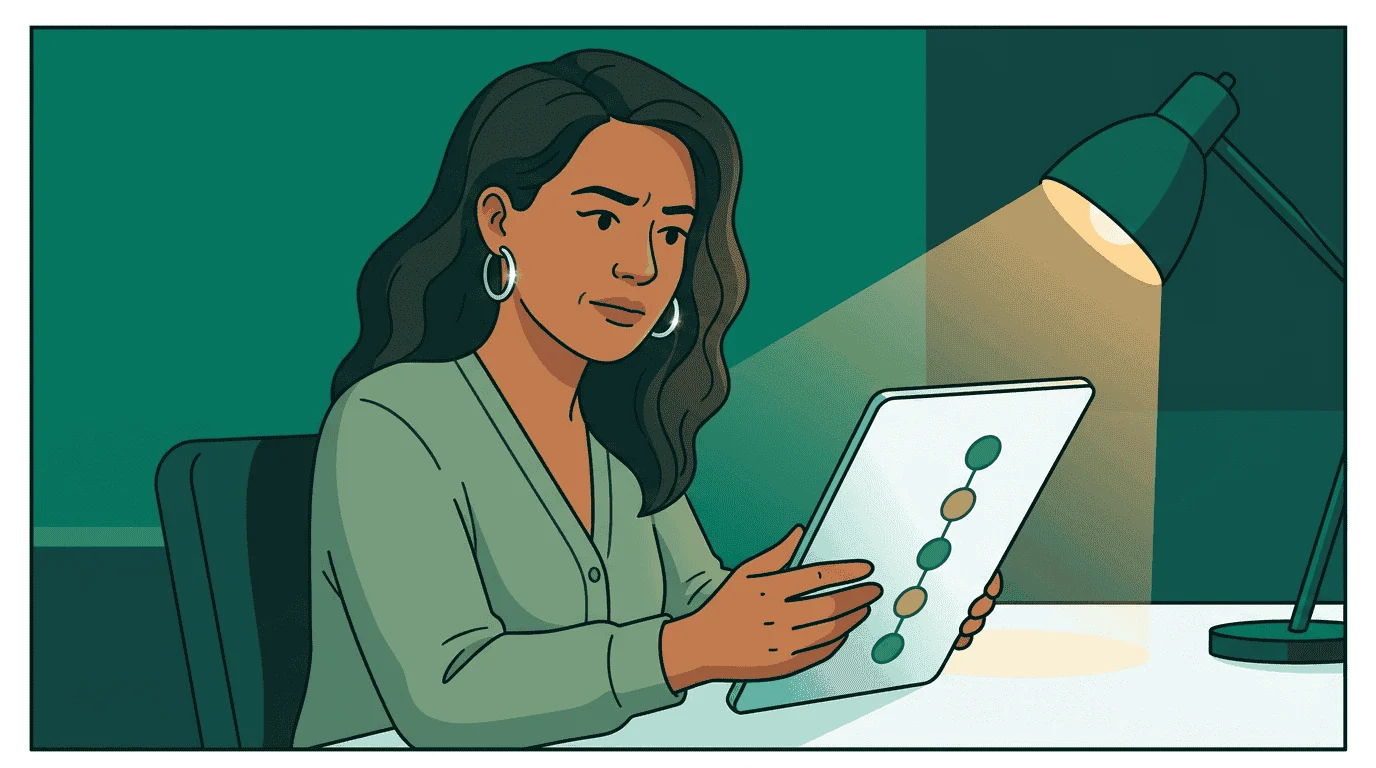 Jordan studies a governance approval chain on her tablet, silver hoop earrings catching the lamplight, her expression focused and deliberate