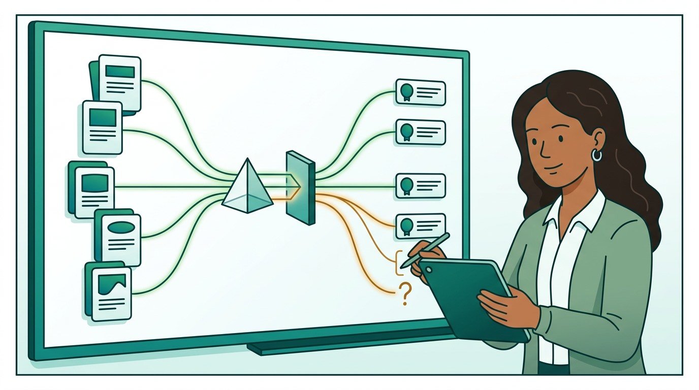 Jordan maps program names to distribution identifiers at a display — green lines connect resolved programs, amber lines show unresolved ones she marks for follow-up