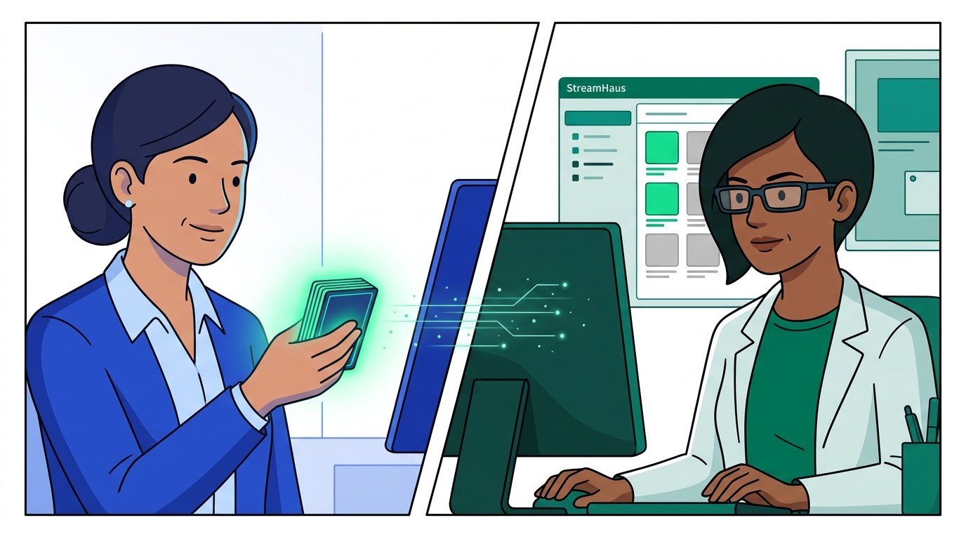 Split scene — Jordan's governance agent sends the collection list to Priya at StreamHaus, whose inventory lights up showing matched exclusions