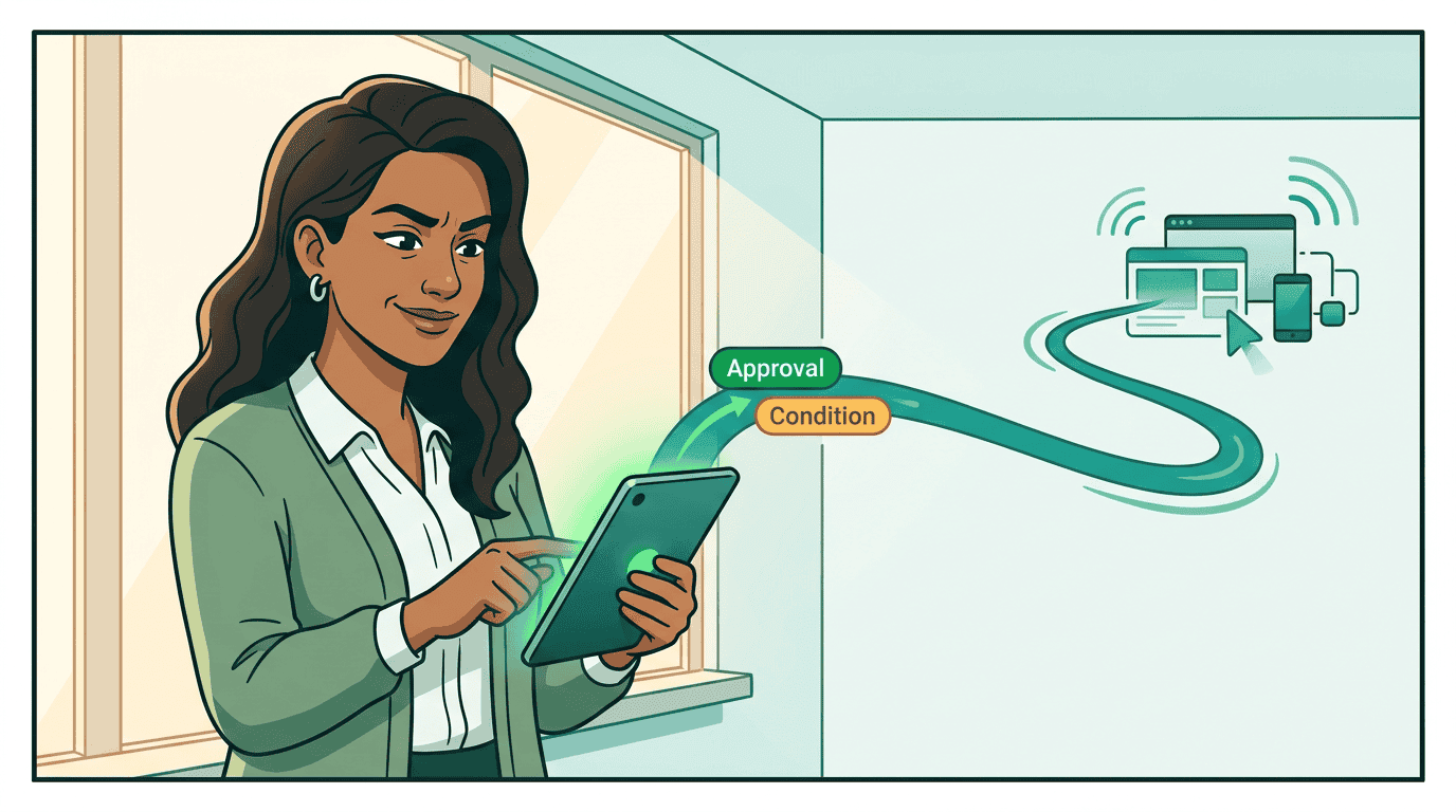 Jordan stamps the campaign plan with a green approval seal and attaches a yellow condition tag reading 'weekly reporting required' — the approved plan flows back through the governance robot to an open ledger