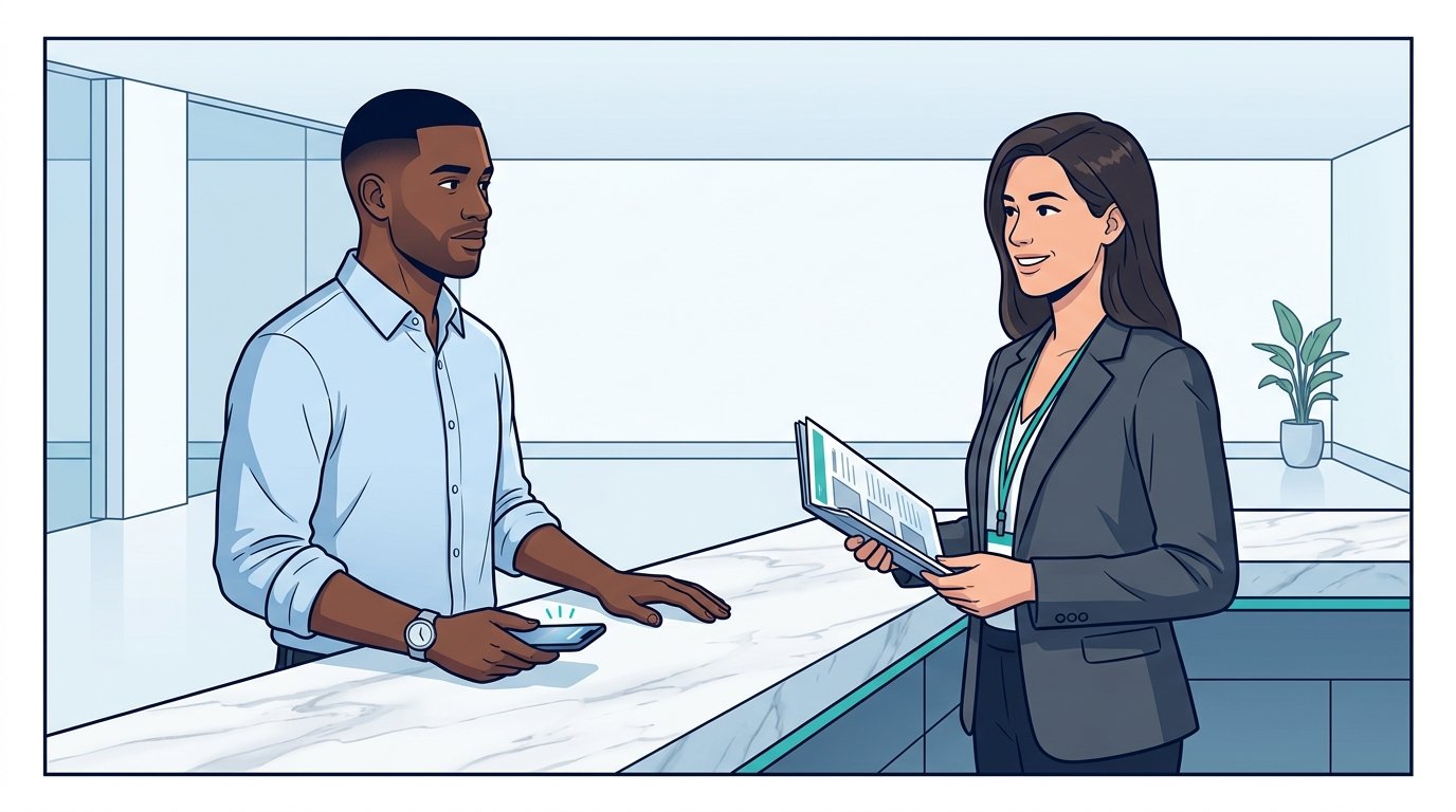 Sam stands at a wide marble counter facing a confident agent in a sharp blazer holding a clipboard of glossy ad placements — but the counter behind the agent is empty, with no logo, no signage, and no one else in sight