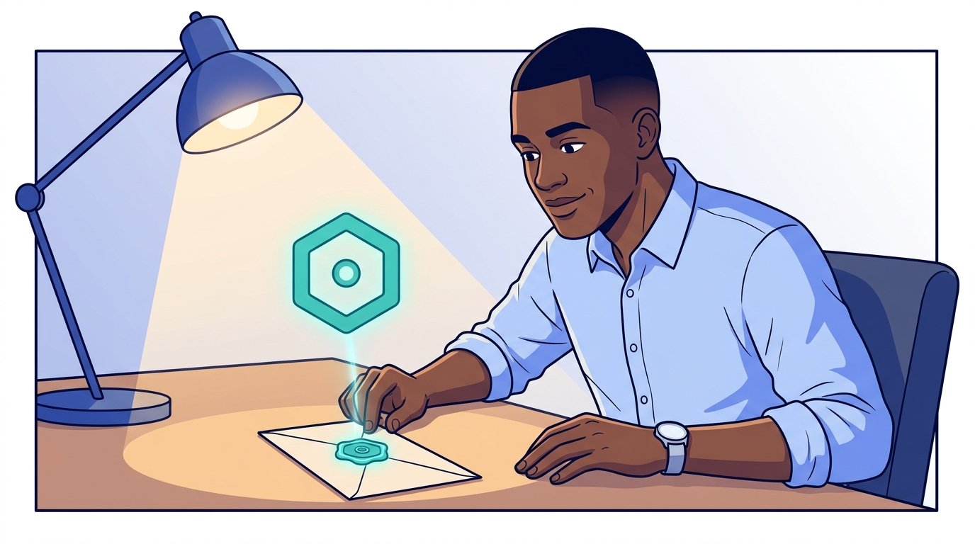 Sam holds a paper response up to a lamp — a wax seal in the corner glows under the light, revealing a cryptographic pattern that matches a key card he pulls from a folder labeled adagents.json