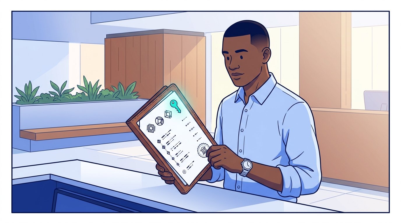 Sam opens a leather-bound folder on Northwind's reception desk — inside is a single embossed page declaring the agency's portfolio, signing keys, and authorized operators, with a glowing seal at the top
