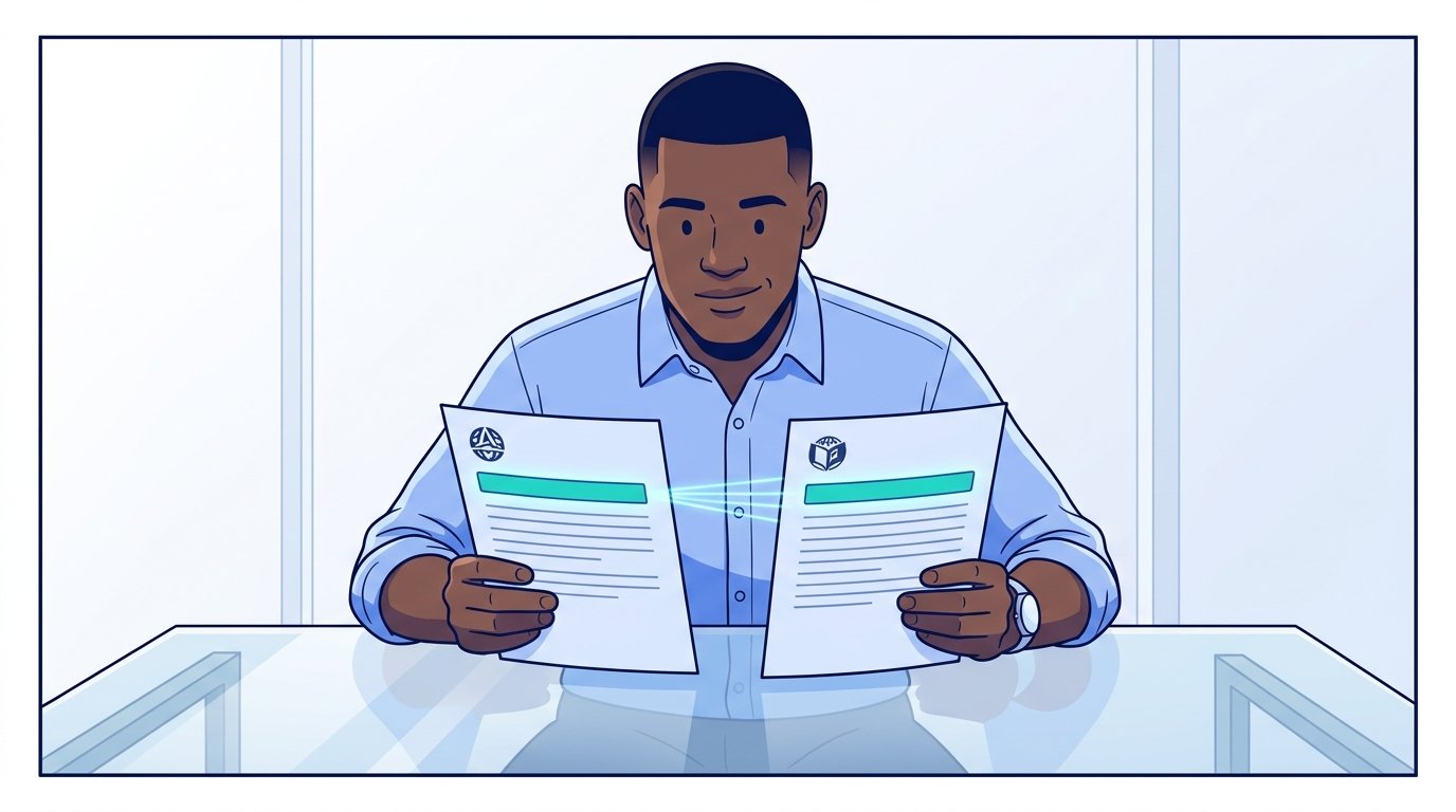 Sam holds two documents side by side — Northwind's brand.json on the left listing StreamHaus, and StreamHaus's adagents.json on the right listing Northwind — and the matching delegation_type field on both glows green as the chain locks in